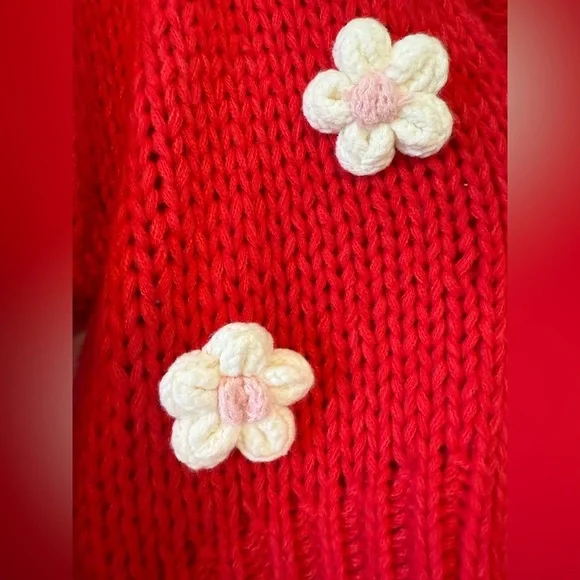 Luna Ivy Chunk Knit Red Floral Cardigan Sweater Size Medium - Picture 6 of 11